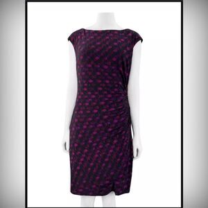 Lauren Ralph Lauren Sheath Midi Dress Cap Sleeves Ruched Side ‎ Black Pink 14